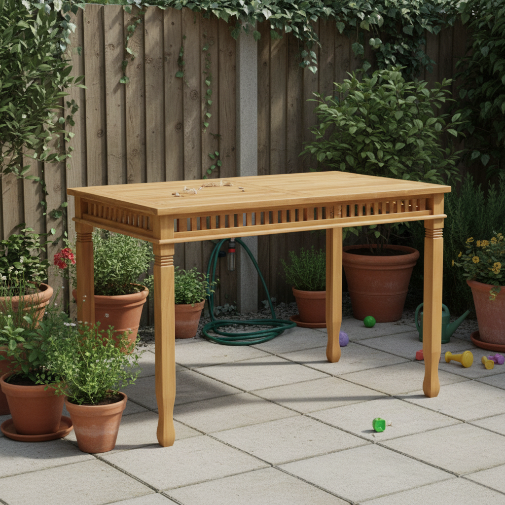 Teak tuintafel in gewone tuin