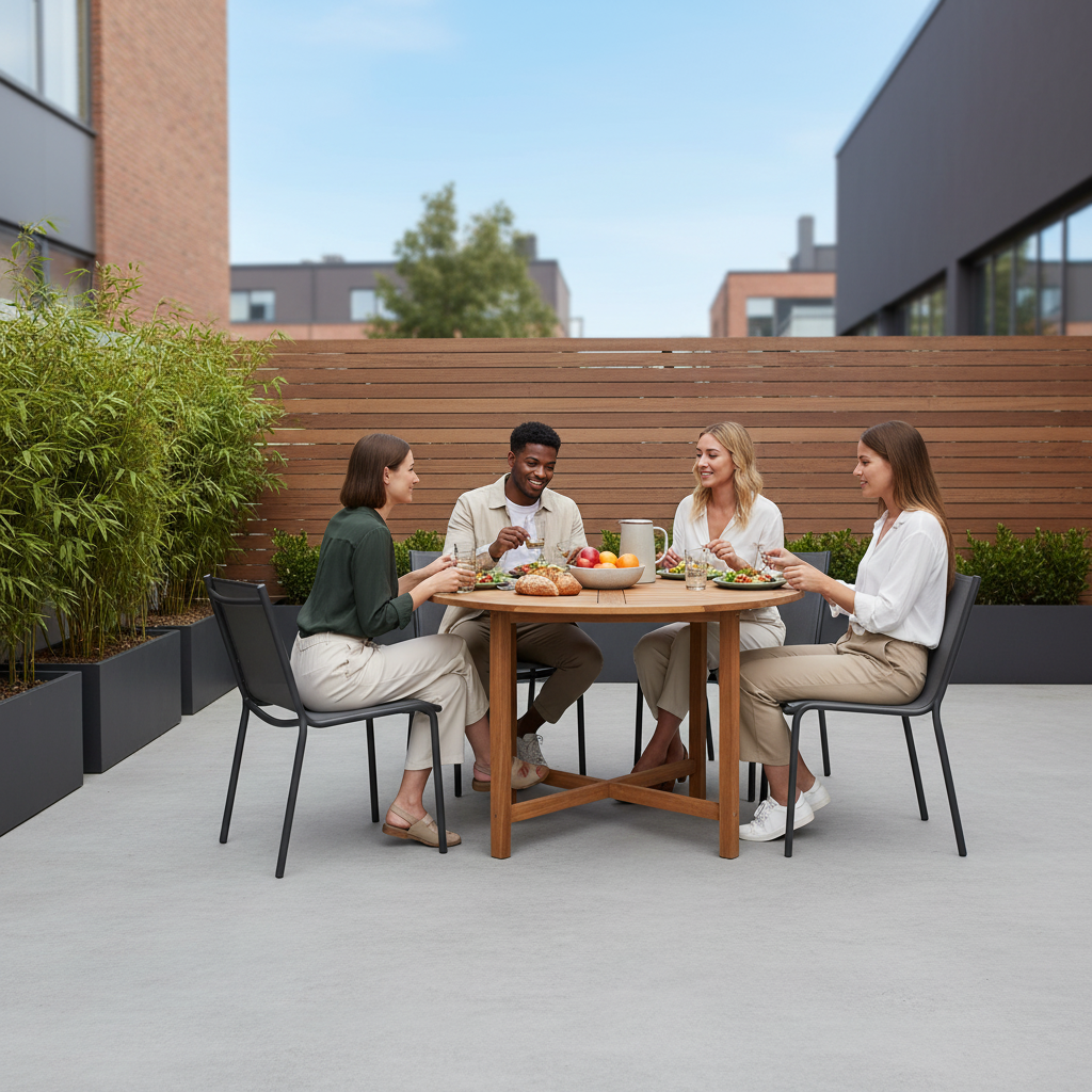 Teak tuintafel met mensen aan maaltijd