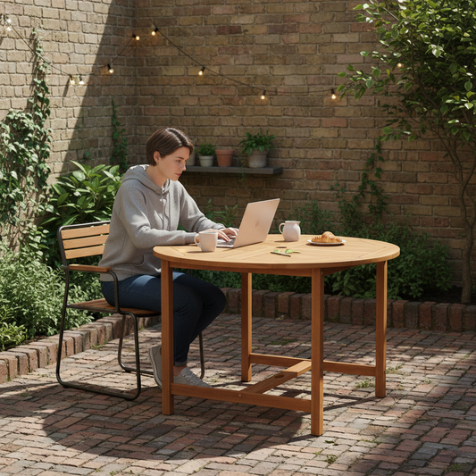 Teak tuintafel met persoon aan koffie