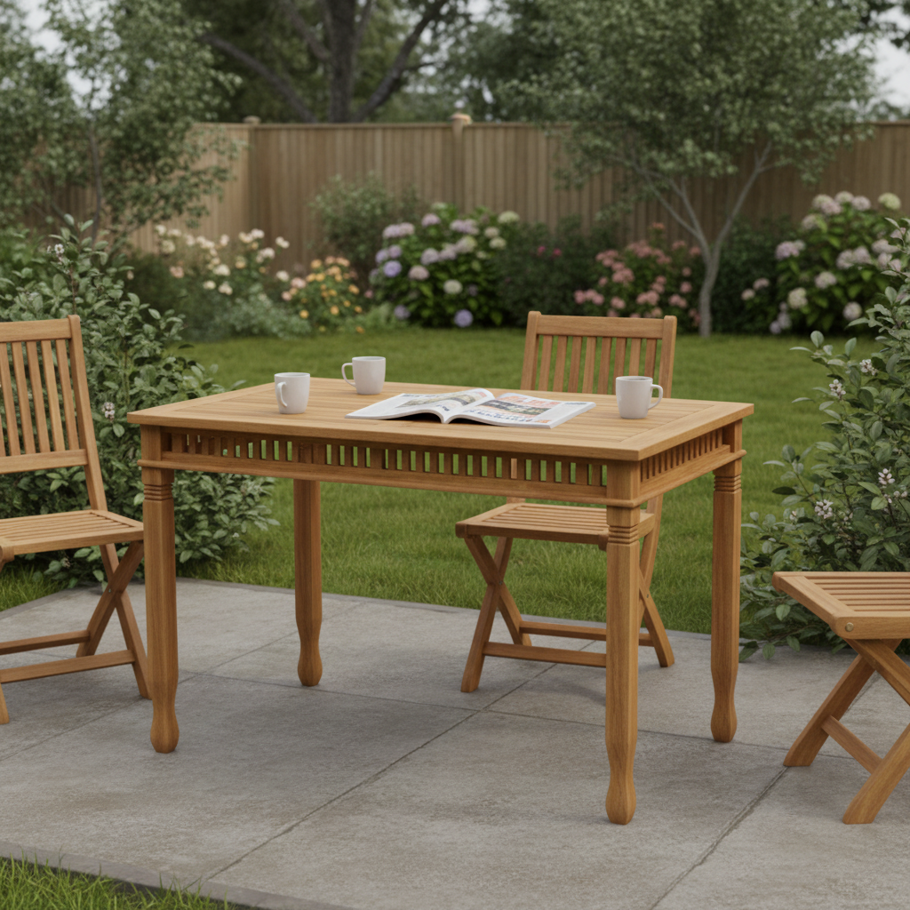 Teak tuintafel op terras real life
