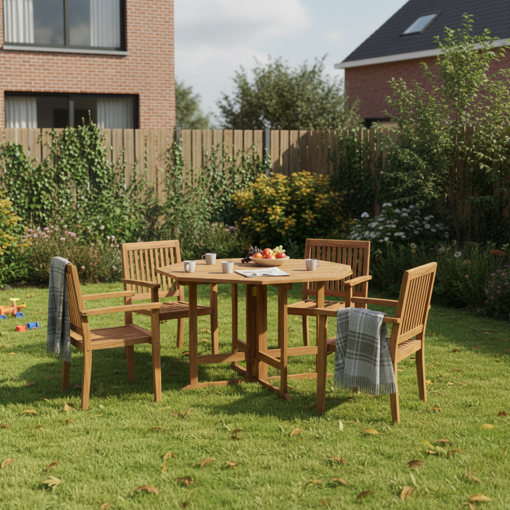 Teaktafel in Belgische achtertuin