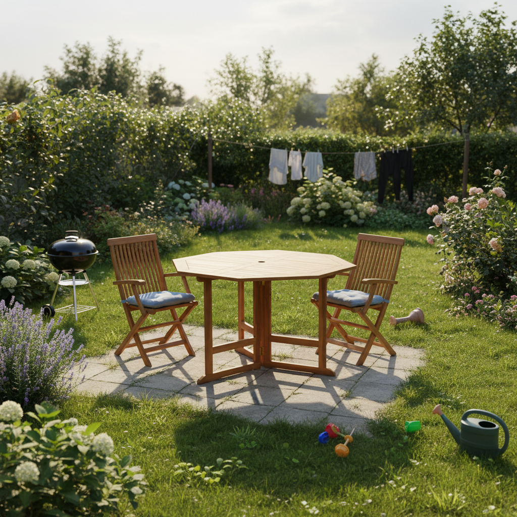 Teaktafel in doorsnee tuin