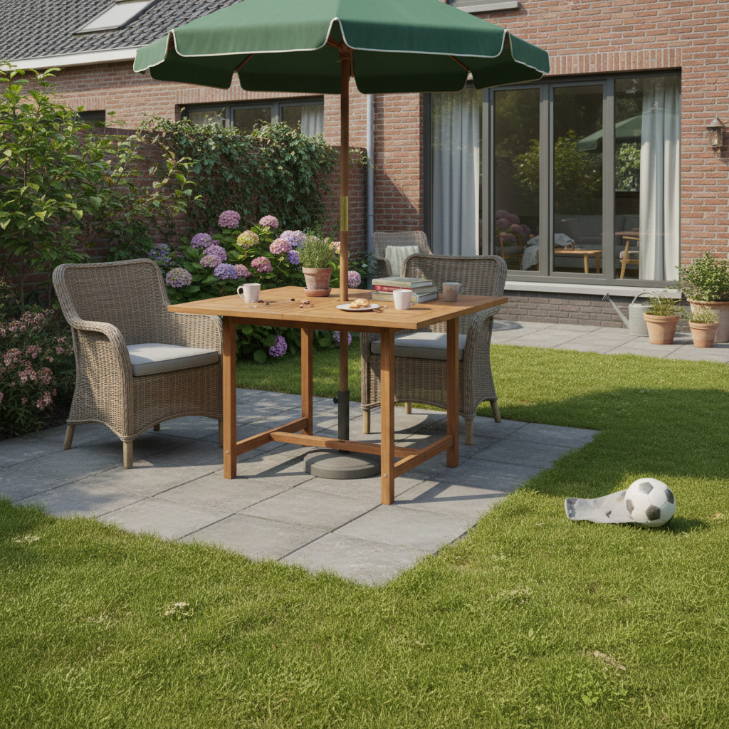 Teaktafel met kruissteun in tuin