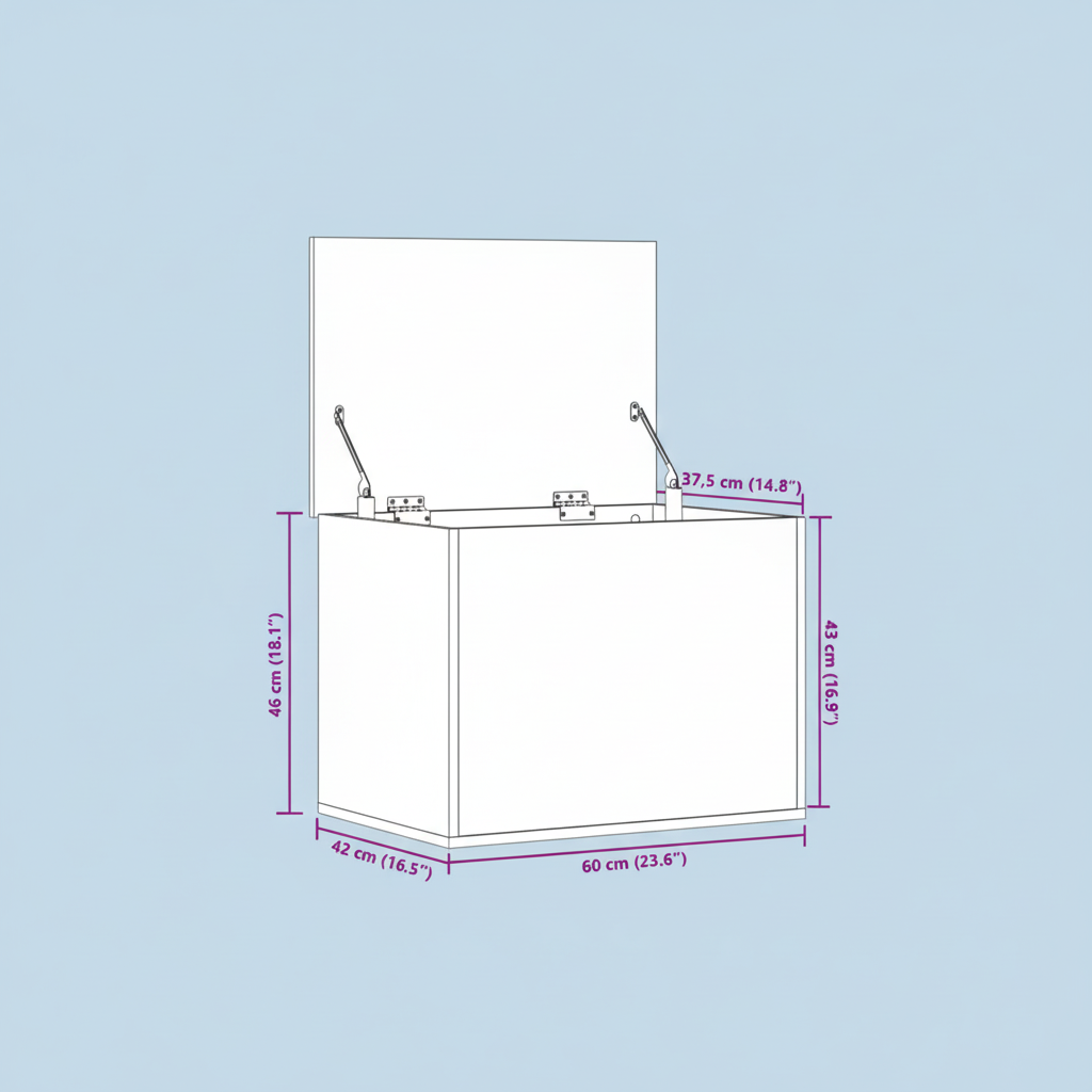 Technische tekening opbergkist met afmetingen op blauwe achtergrond