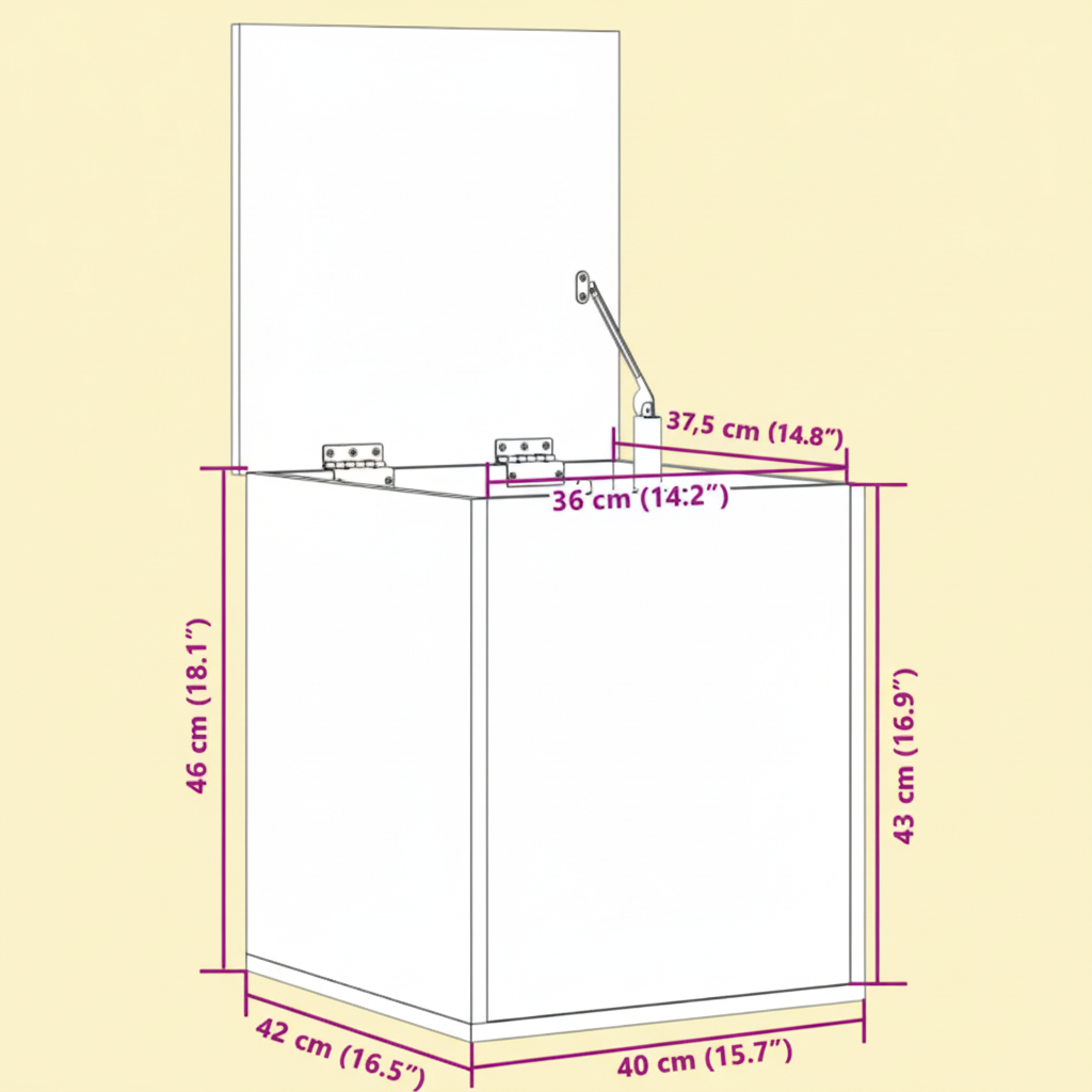Technische tekening opbergkist met afmetingen op gele achtergrond