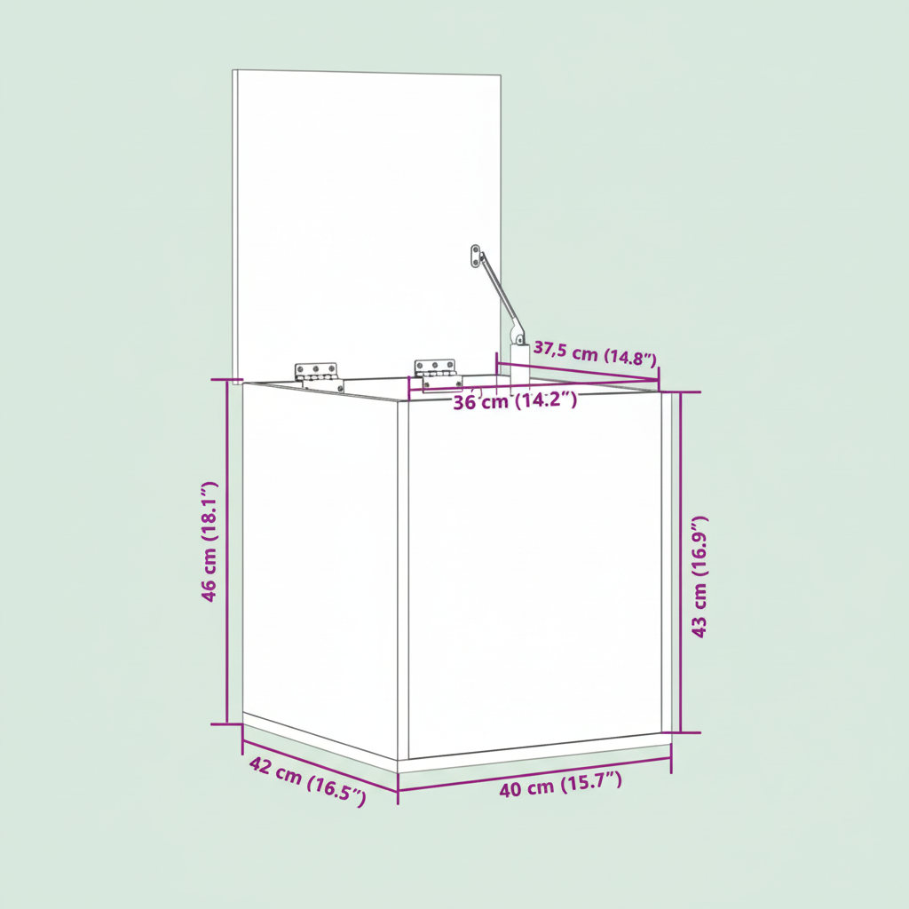 Technische tekening opbergkist met afmetingen op groene achtergrond