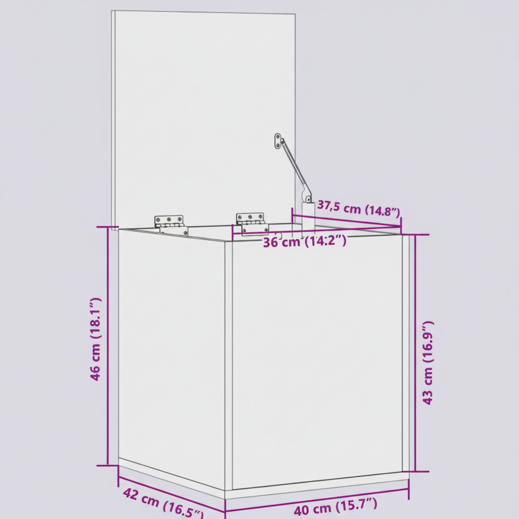Technische tekening opbergkist met afmetingen op lavendel achtergrond