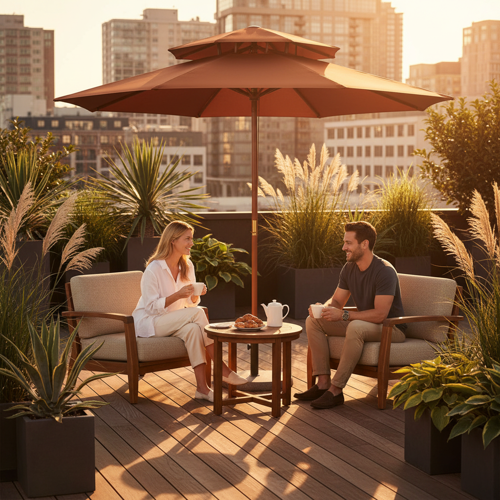 Terracotta parasol in moderne stadstuin