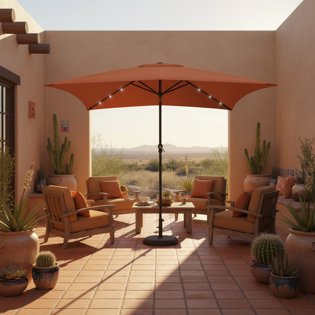 Terracotta parasol in Southwestern tuin