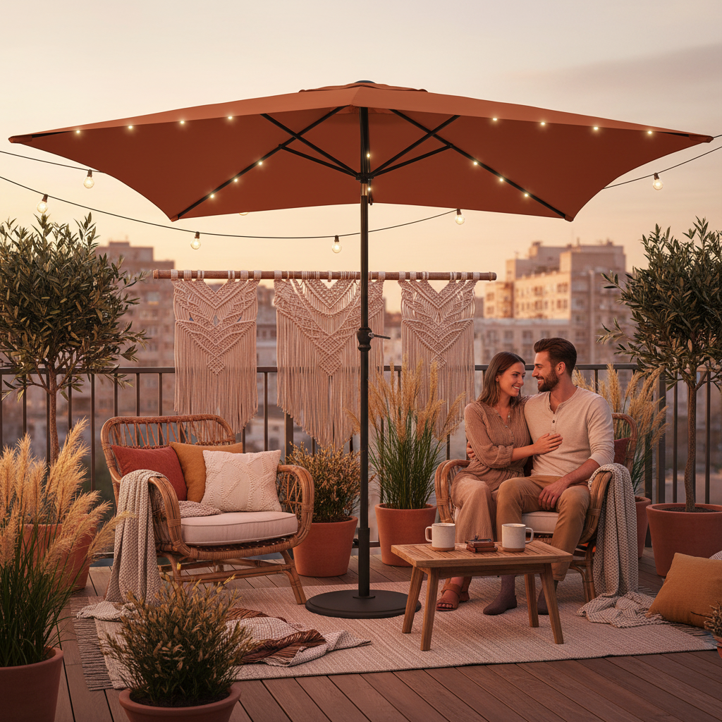 Terracotta parasol op boho balkon