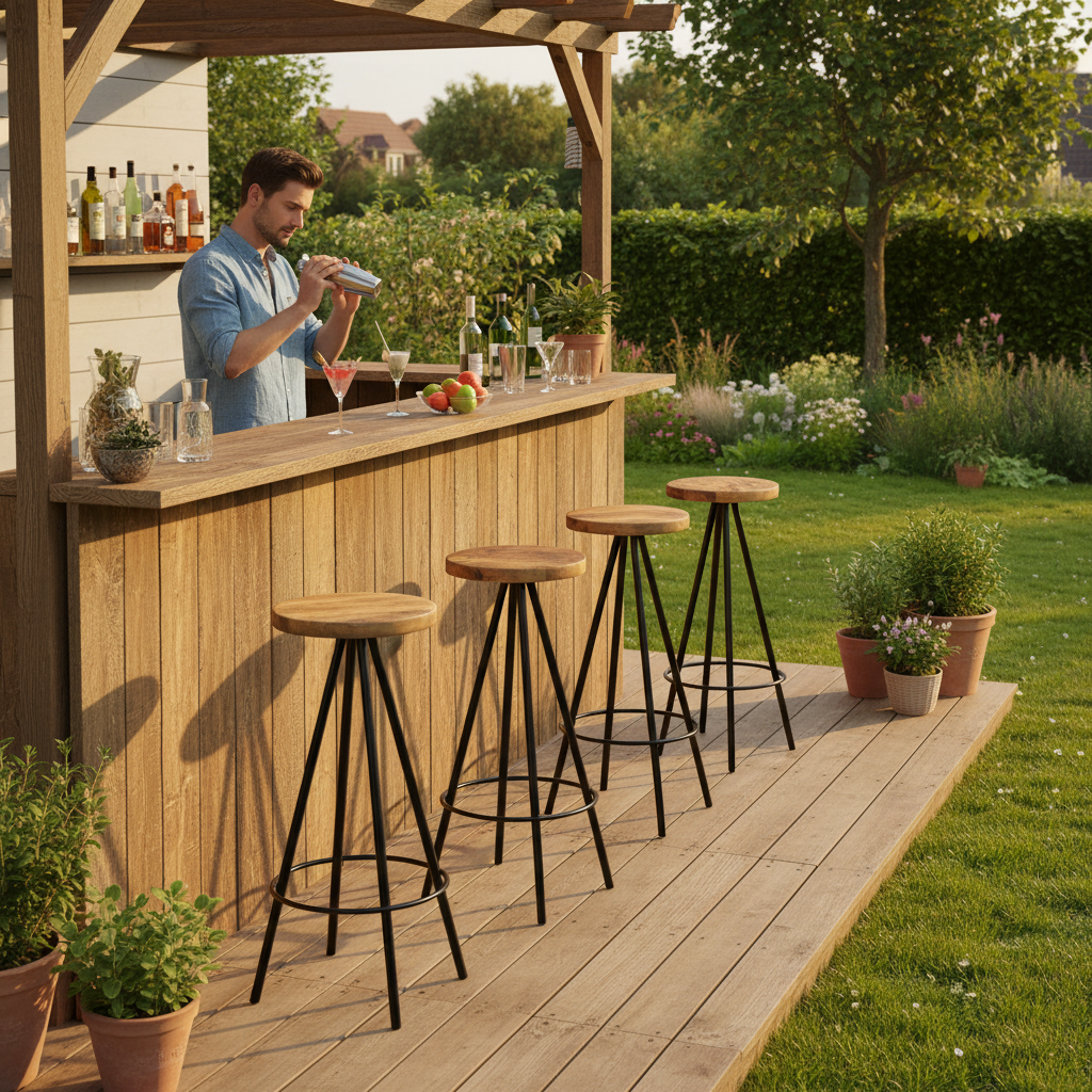 Terrasbar met 4 krukken en barman