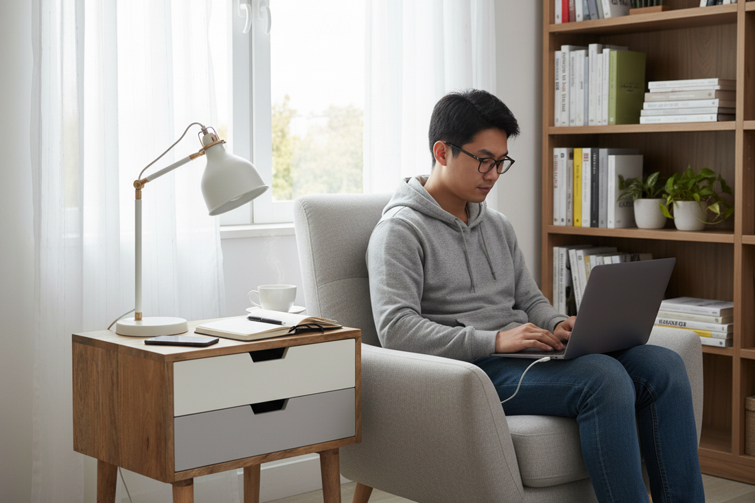 Thuiskantoor hoek naast leeshoek