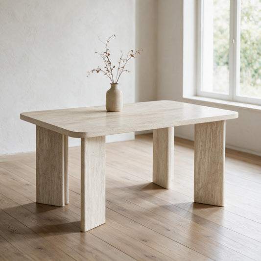 Rechthoekige eettafel in travertijnlook op vier paneelpoten, in een lichte eetkamer