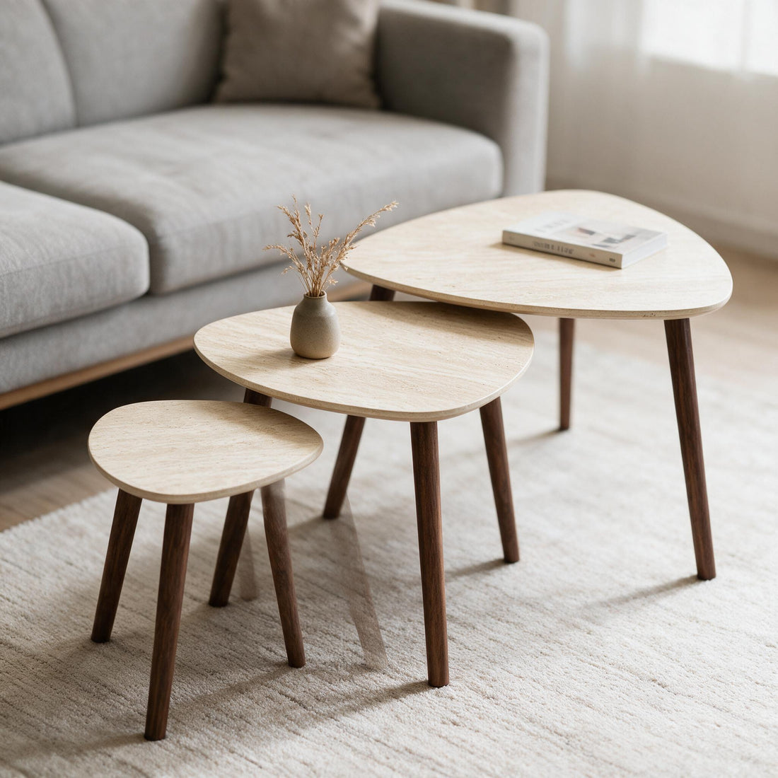 Set van drie driehoekige bijzettafels in travertijnlook, gestyled met vaas en boek