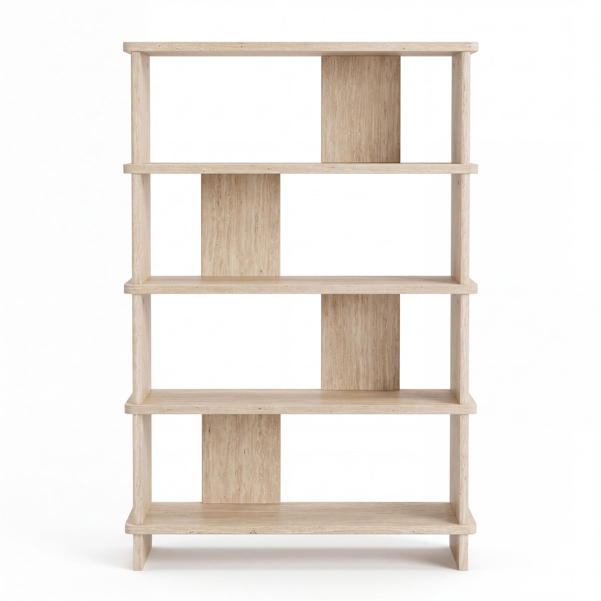 Hoge Travertino open kast 100 × 30 × 147,5 cm in travertijnlook, vier vakken met verspringende rugpanelen, op witte achtergrond