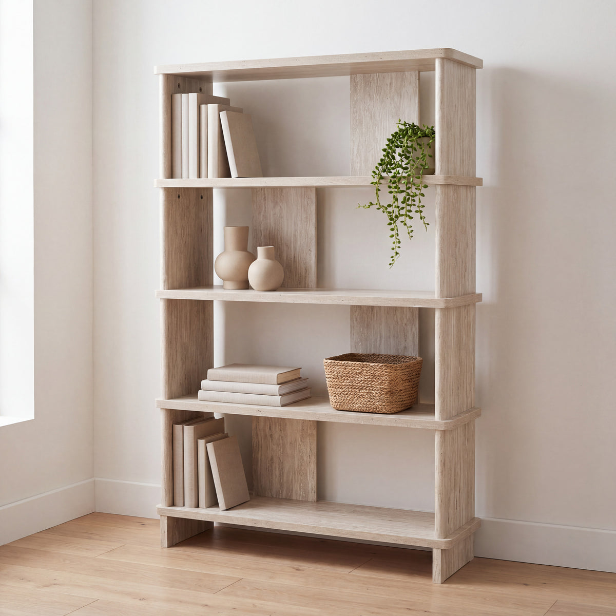 Hoge Travertino open kast in travertijnlook als boekenkast in een lichte woonkamer