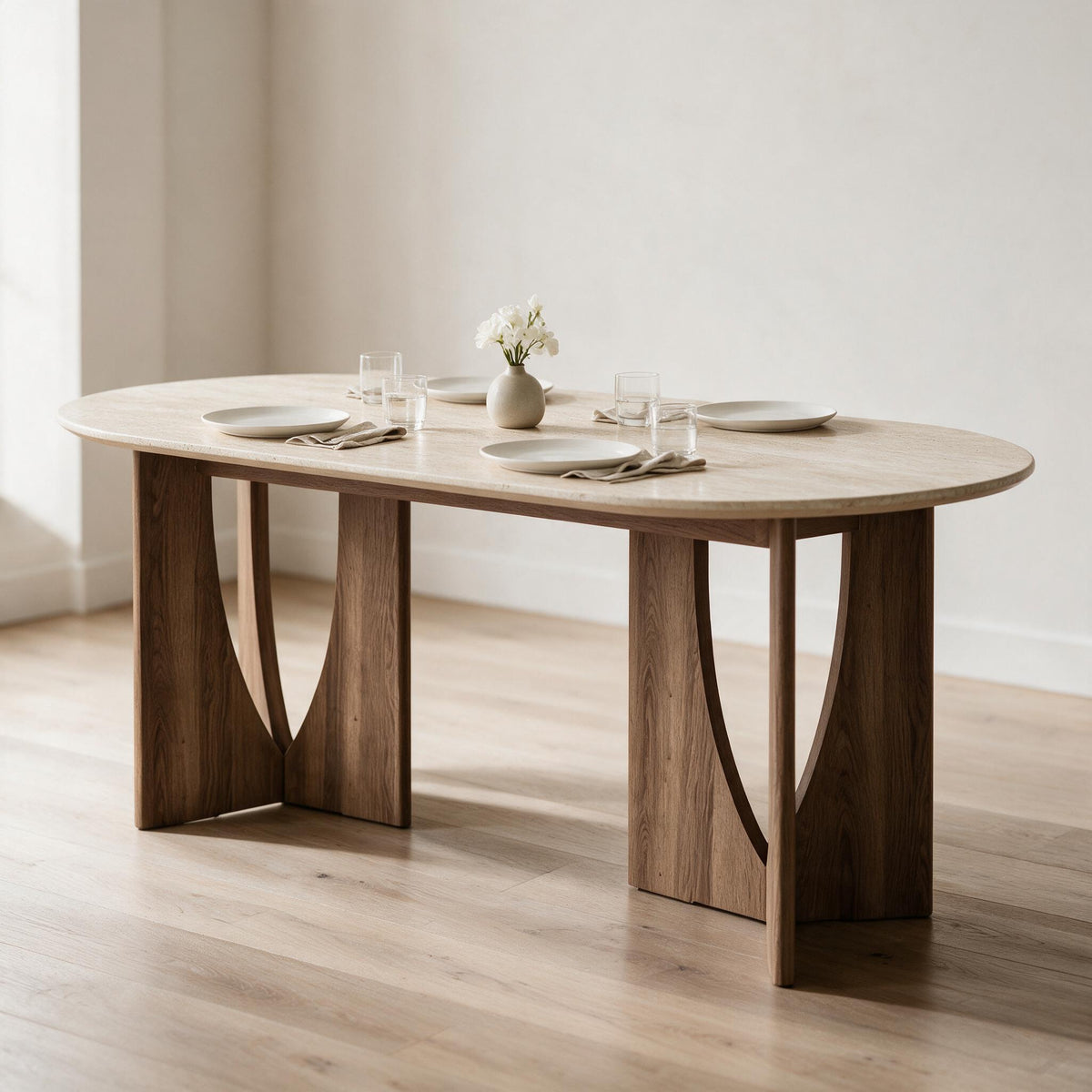 Ovale eettafel met blad in travertijnlook, gedekt voor vier personen