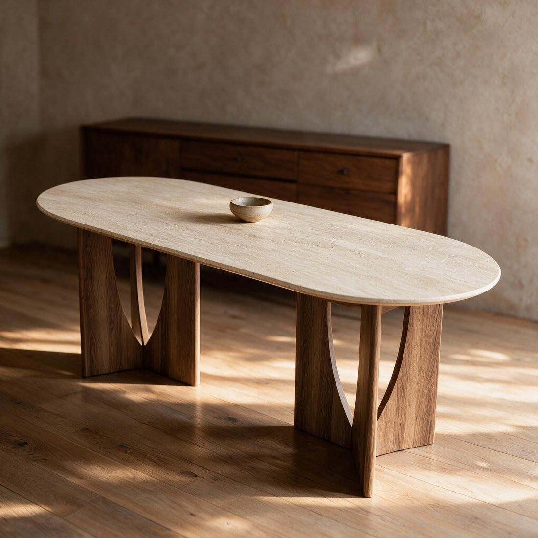Ovale eettafel met blad in travertijnlook en poten in notenlook, in een warme eetkamer
