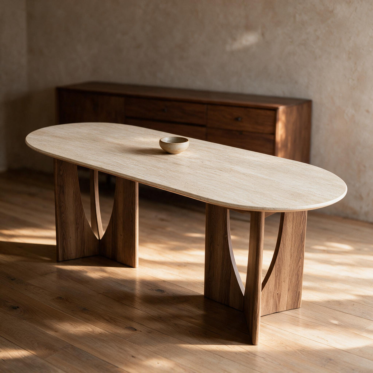 Ovale eettafel met blad in travertijnlook en poten in notenlook, in een warme eetkamer
