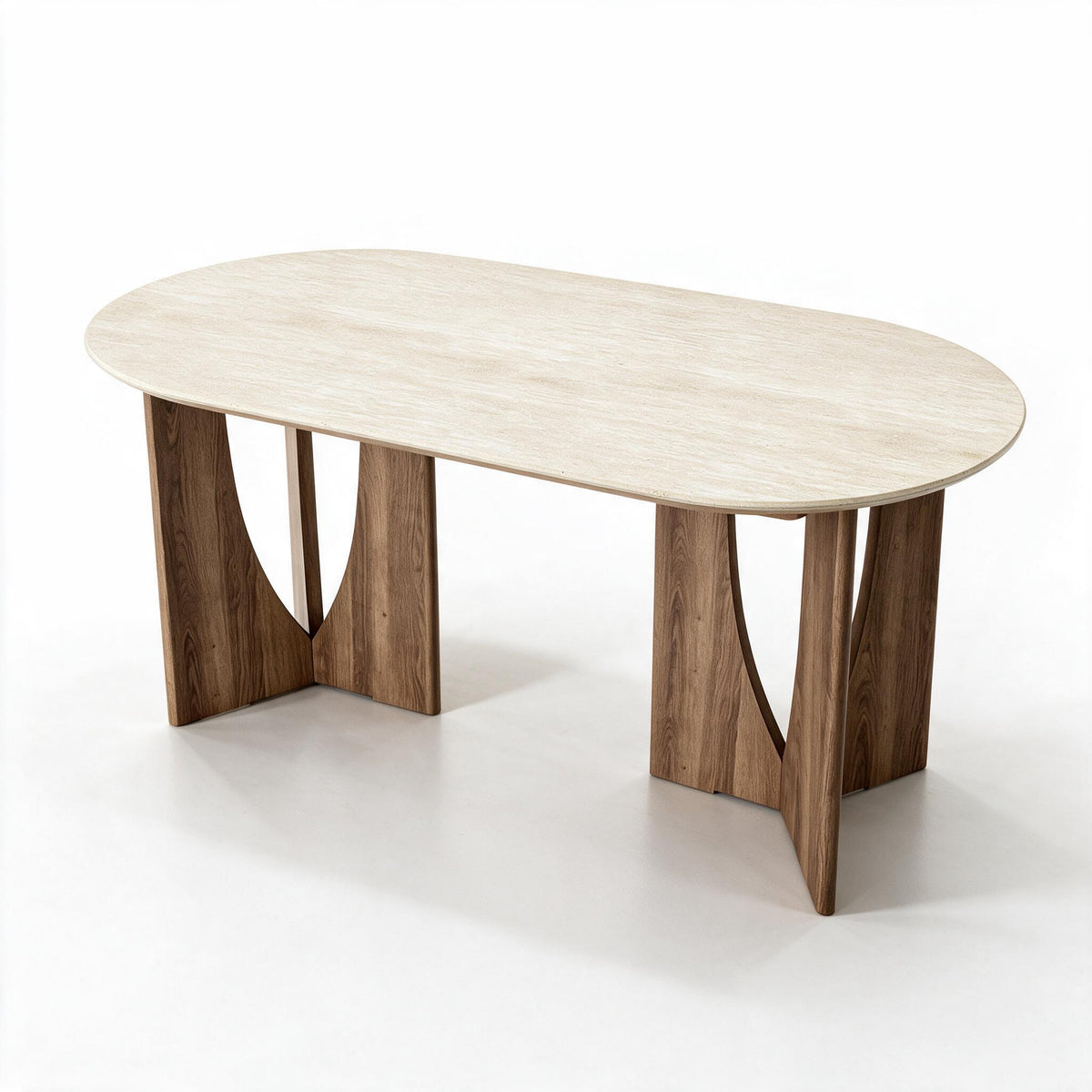 Ovale eettafel met blad in travertijnlook en poten in notenlook, op witte achtergrond