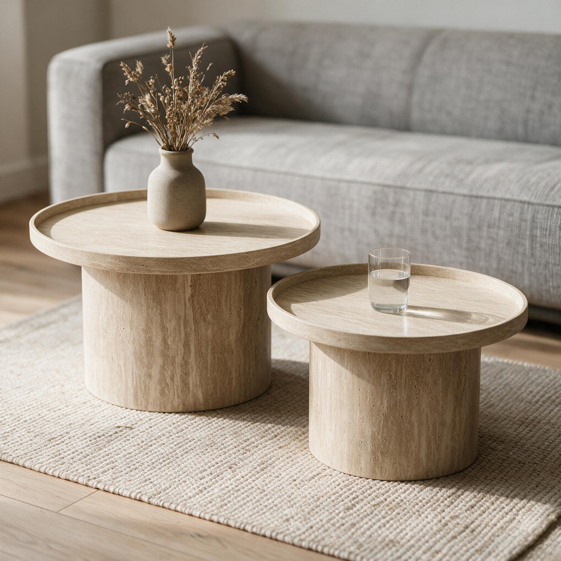 Set van twee ronde salontafels in travertijnlook, gestyled met vaas en glas