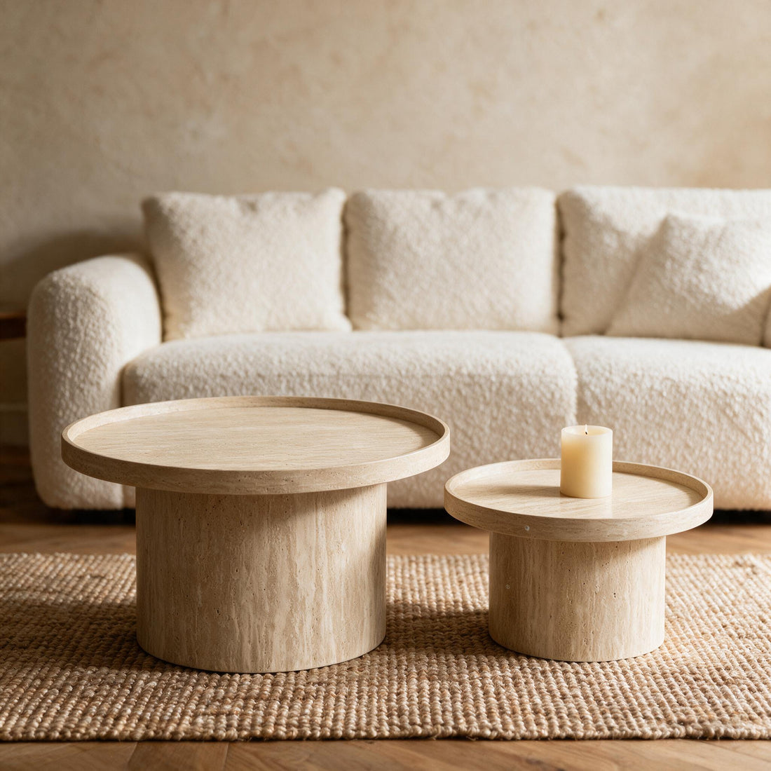 Set van twee ronde salontafels in travertijnlook in een warme woonkamer
