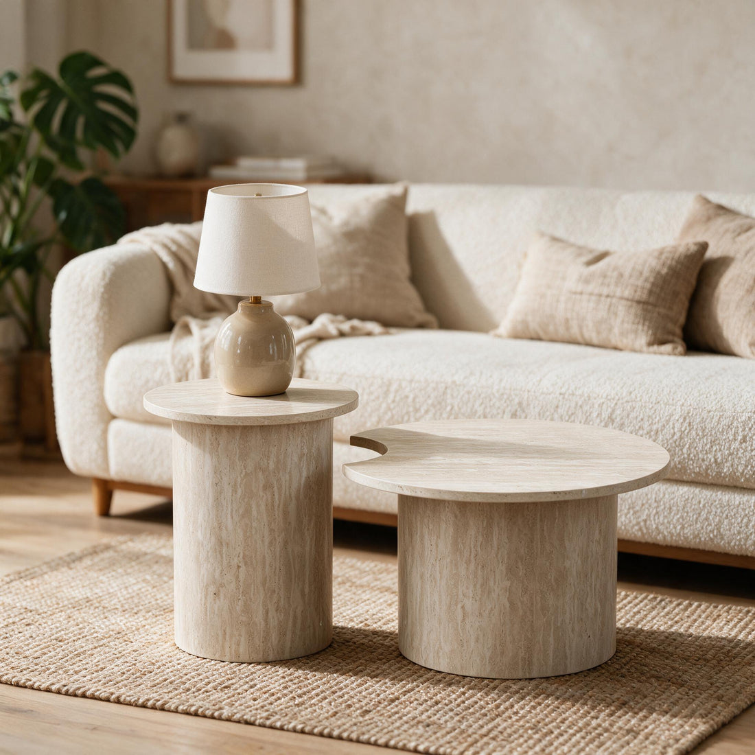 Set van een lage en een hoge ronde tafel in travertijnlook, in een warme woonkamer