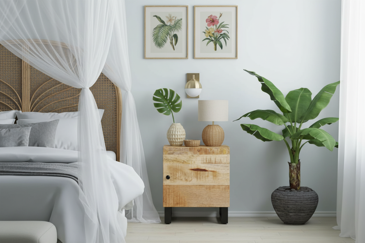 Tropisch geïnspireerde slaapkamer met mangohout nachtkastje