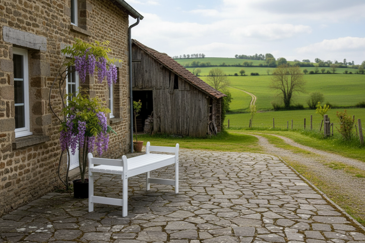 Tuinbank bij rustieke boerderij