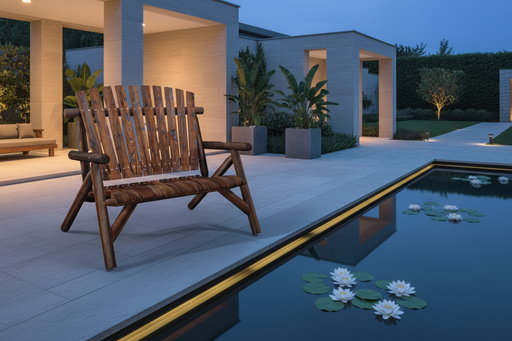 Tuinbank bij spa resort tijdens blue hour