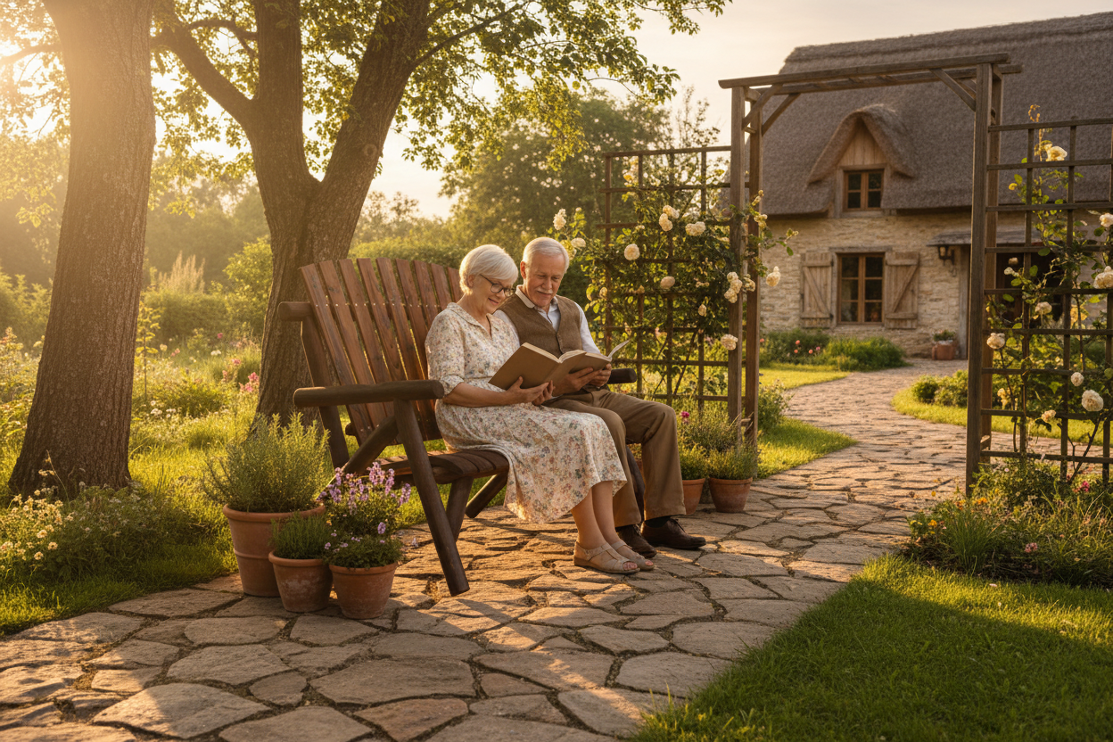 Tuinbank in landelijke tuin met lezend koppel