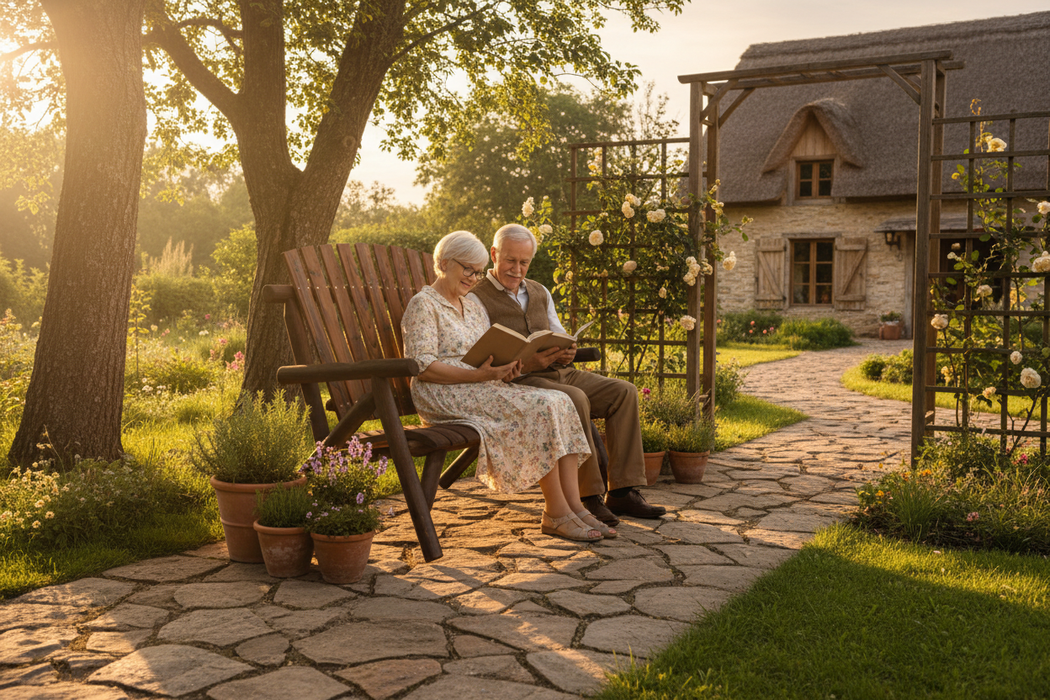 Tuinbank in landelijke tuin met lezend koppel
