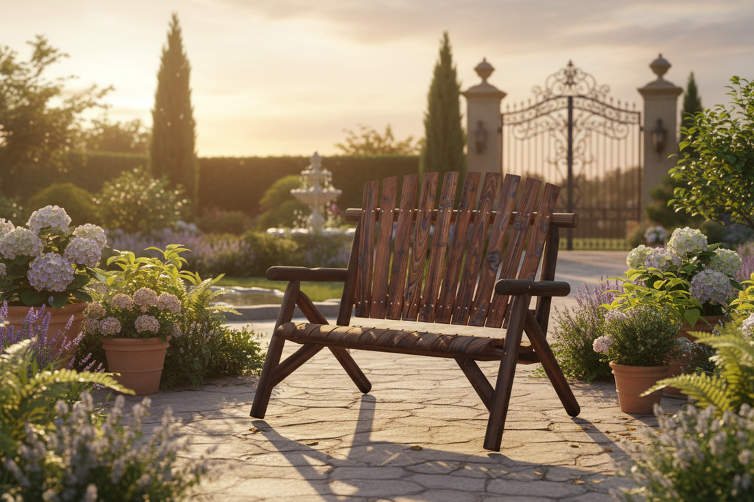 Tuinbank in luxe tuin tijdens golden hour
