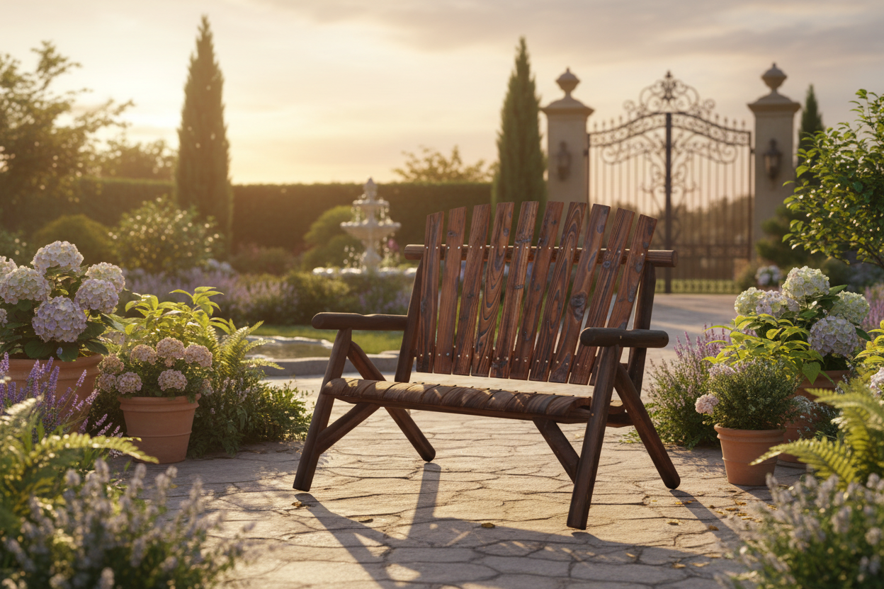Tuinbank in luxe tuin tijdens golden hour