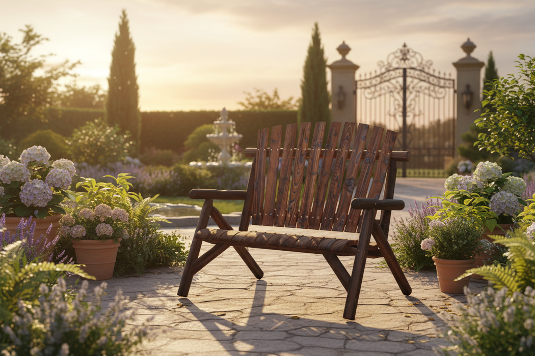 Tuinbank in luxe tuin tijdens golden hour