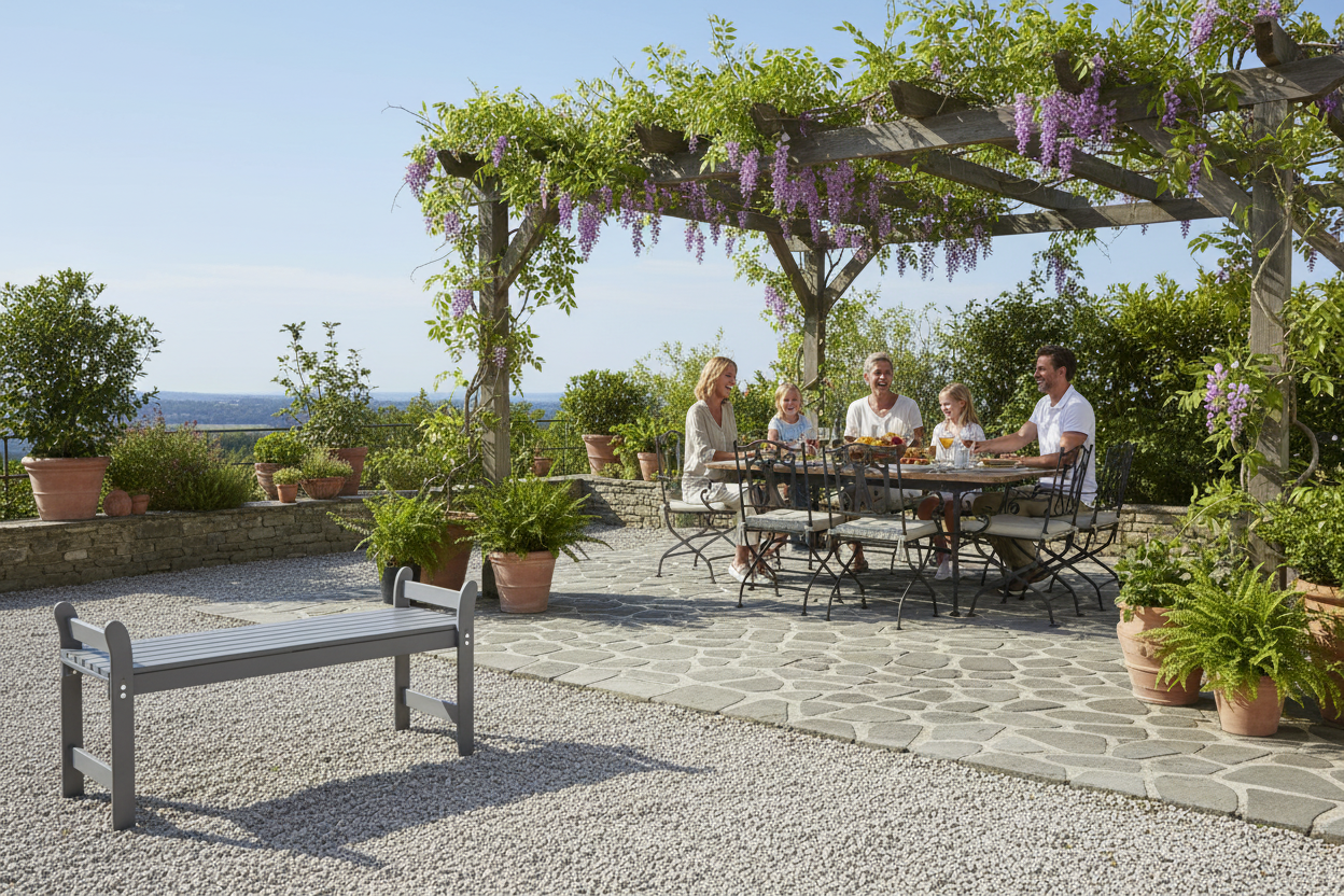 Tuinbank op grindpatio met familie