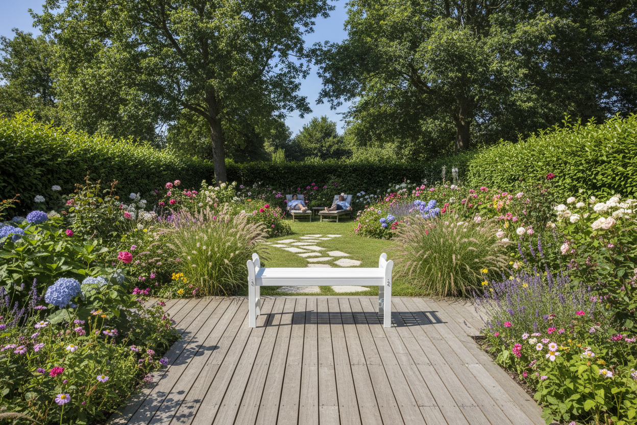 Tuinbank op houten terras met tuin