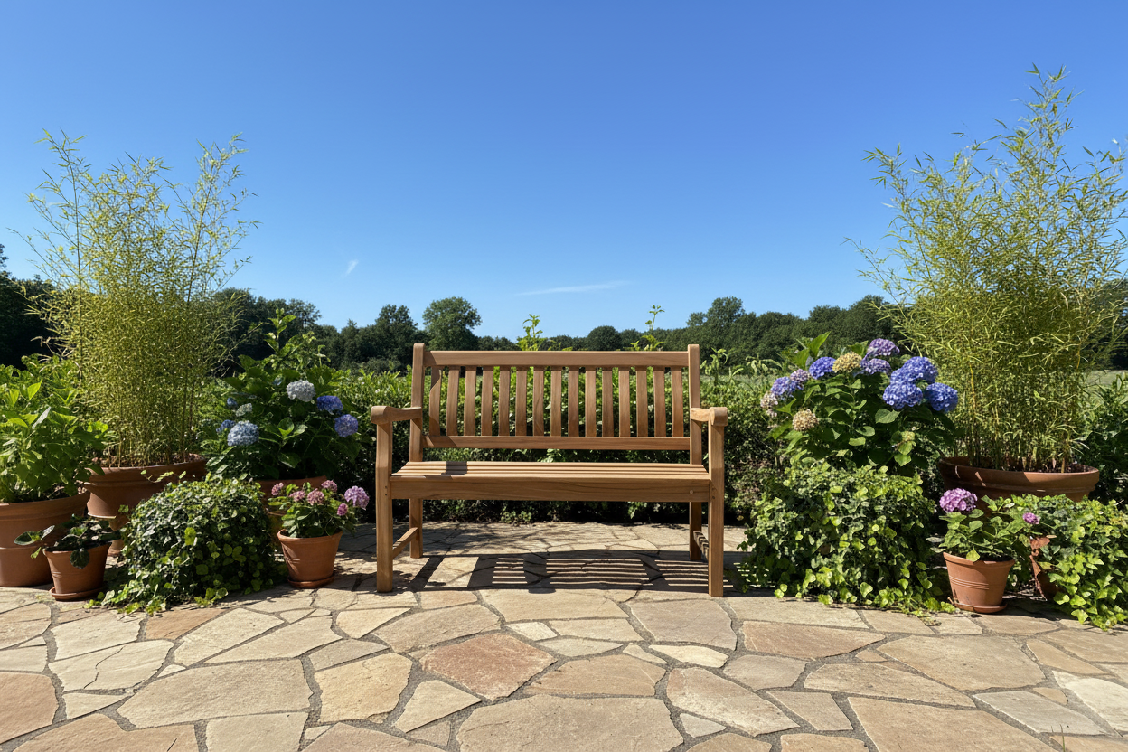 Tuinbank op terras met natuursteen