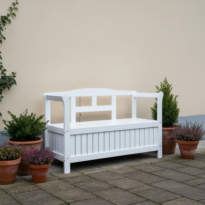 Tuinbank Yinke wit tegen crème muur