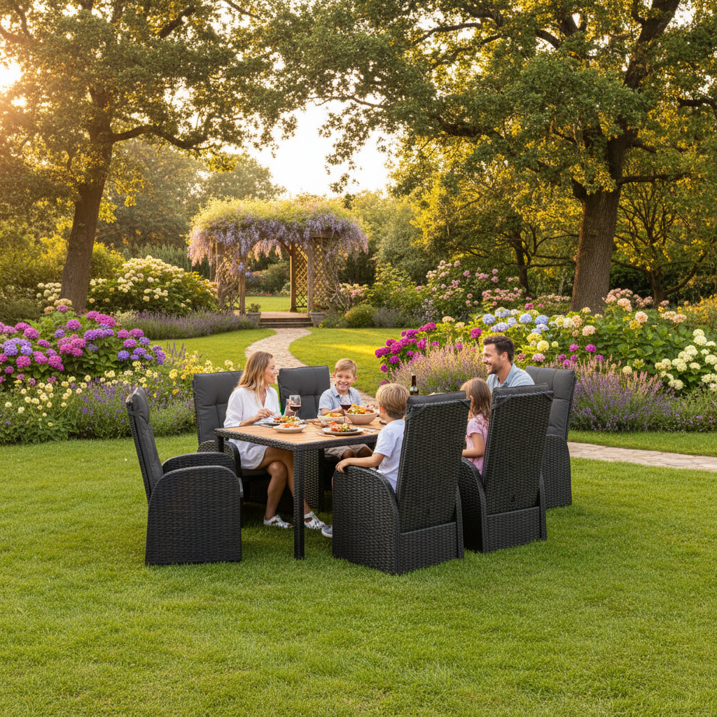 Tuinset in luxe tuin met gezin