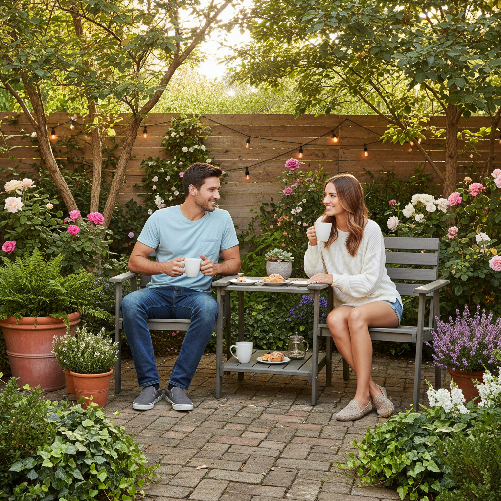 Tuinset met koppel in tuin