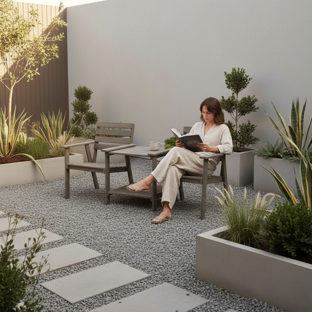 Tuinset met persoon in courtyard