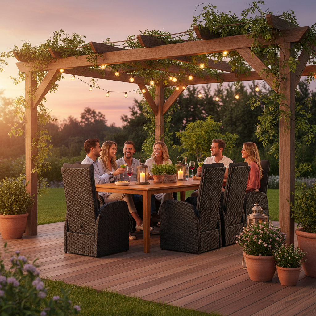 Tuinset onder pergola met vrienden