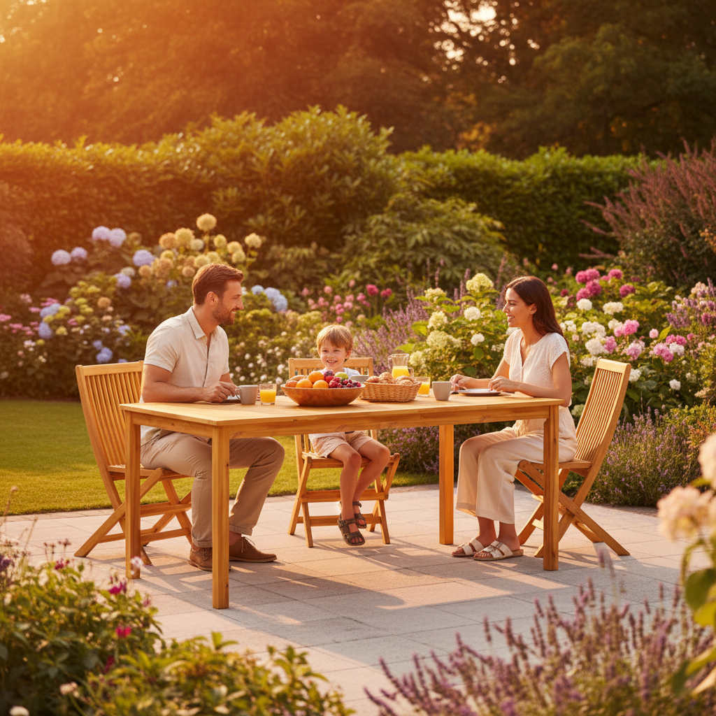 Tuintafel in luxe tuin met gezin