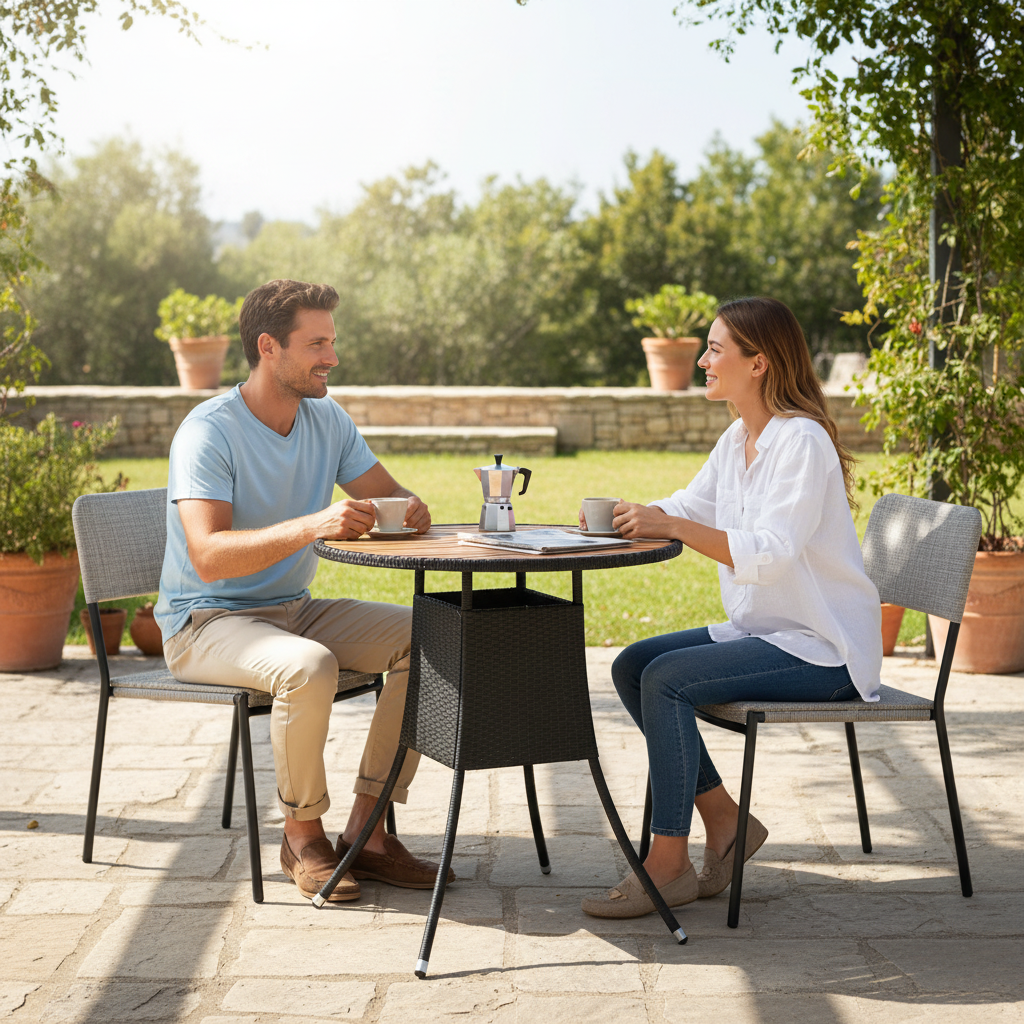 Tuintafel met mensen aan koffie