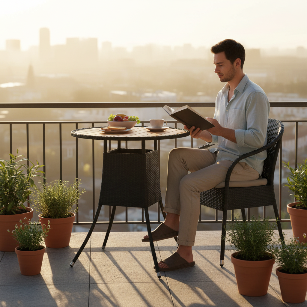Tuintafel met persoon aan ontbijt