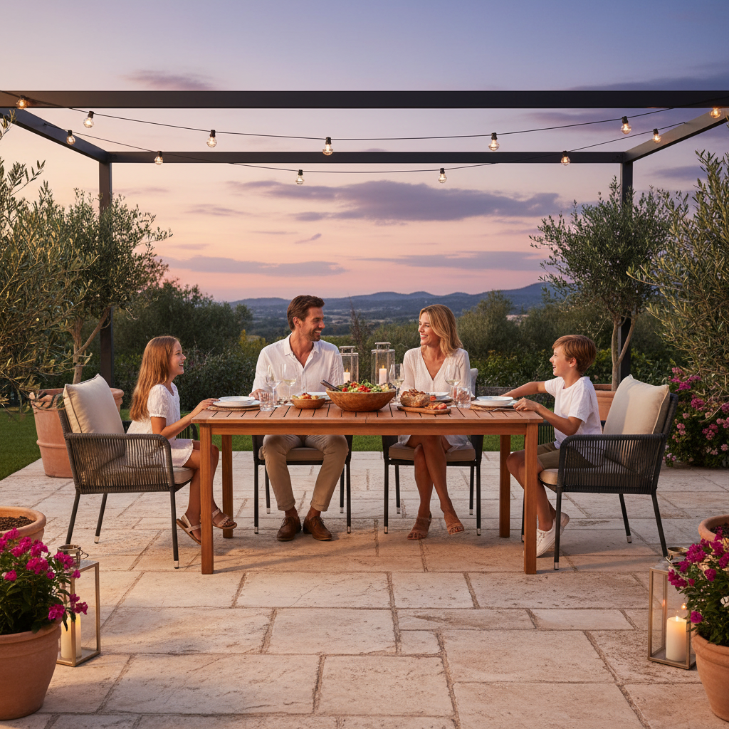 Tuintafel onder pergola met familie