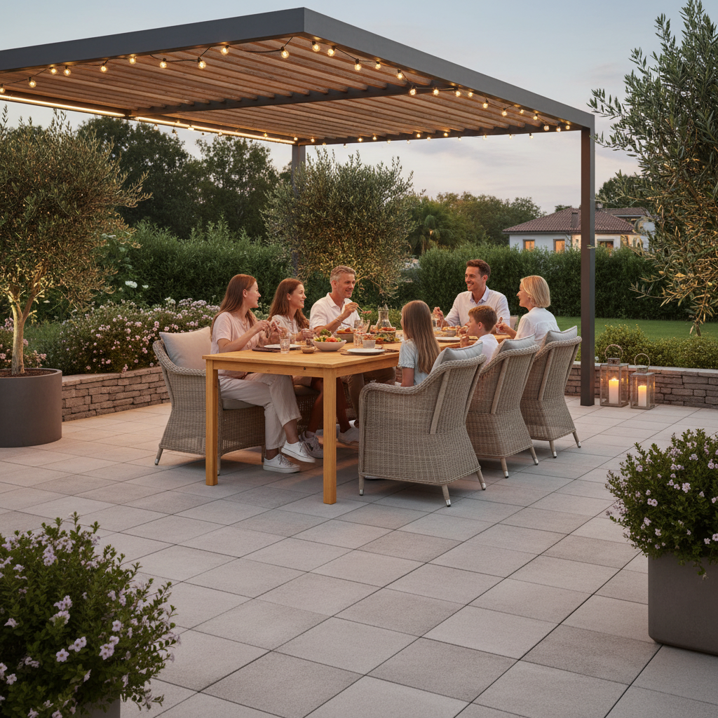 Tuintafel onder pergola met familie