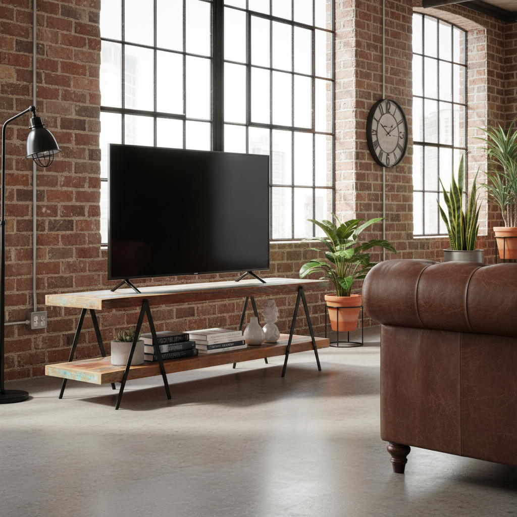 TV-meubel gerecycled hout in industriële loft