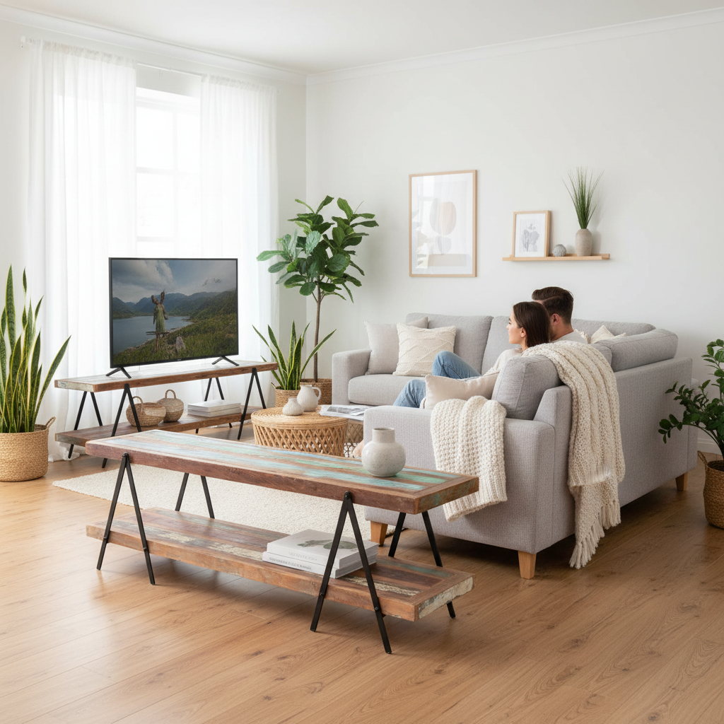 TV-meubel gerecycled hout in Scandinavische woonkamer